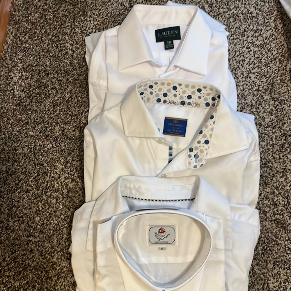 Boys long sleeve white button down shirts, slim fit, some new and 1 gently worn.